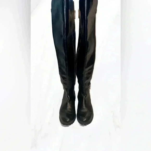 Micheal Kors  black knee high gold zipper rubber sole leather riding boots 5.5 - Picture 3 of 6
